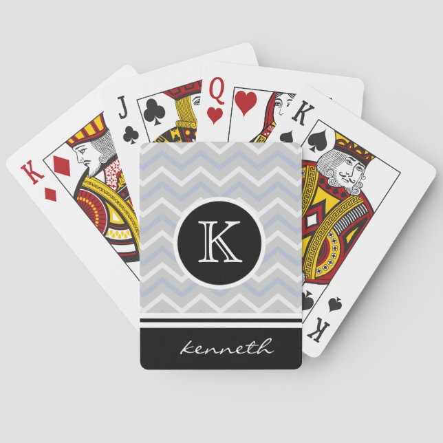 Silver Grey Chevron Black Monogram Name Custom Playing Cards (Back)