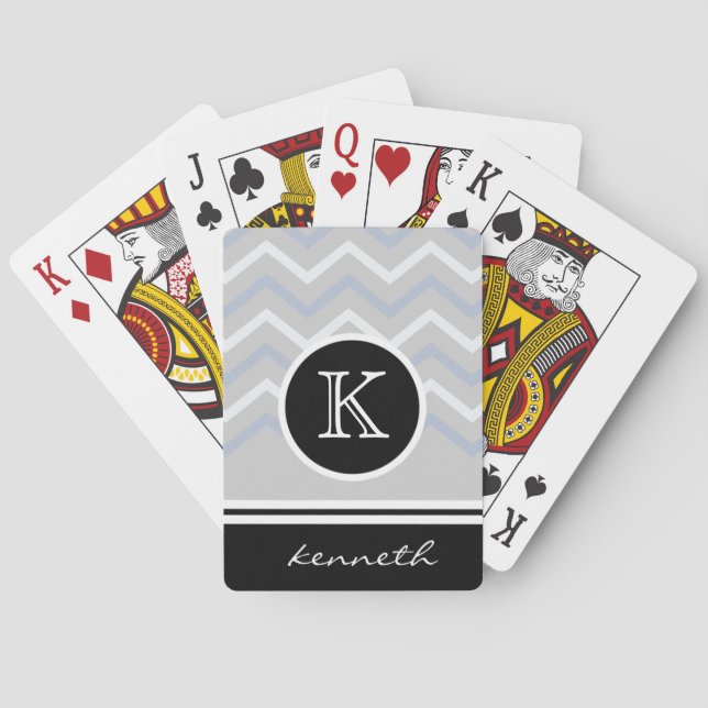 Silver Grey Chevron Black Monogram Name Custom Playing Cards (Back)