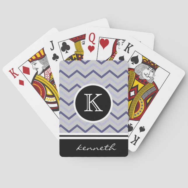 Silver Grey Chevron Black Monogram Name Custom Playing Cards (Back)