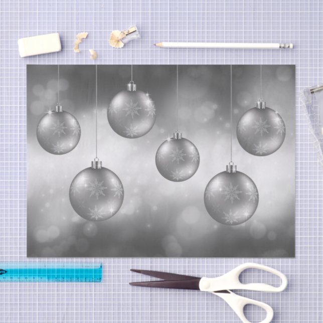 Silver Grey Christmas Baubles On Grey Bokeh Tissue Paper (Craft)