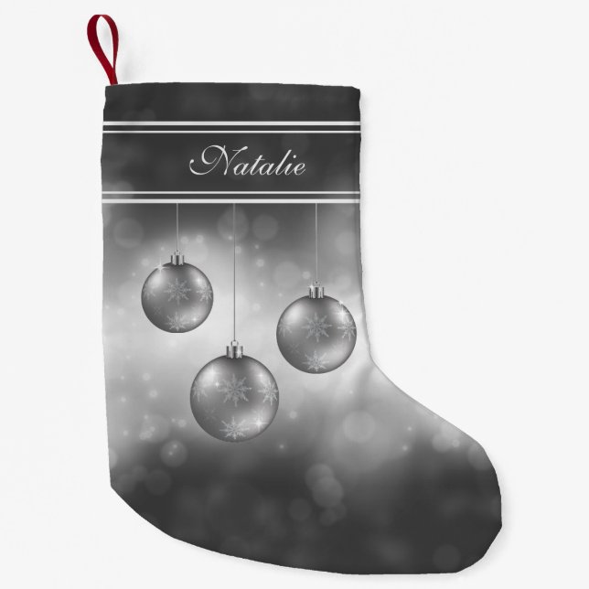 Silver Grey Christmas Baubles With Custom Name Small Christmas Stocking (Front)