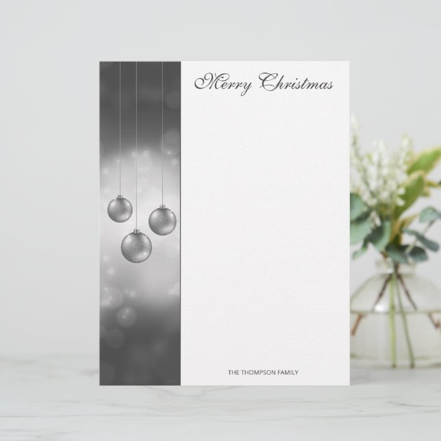 Silver Grey Christmas Baubles With Custom Text Letterhead (Standing Front)