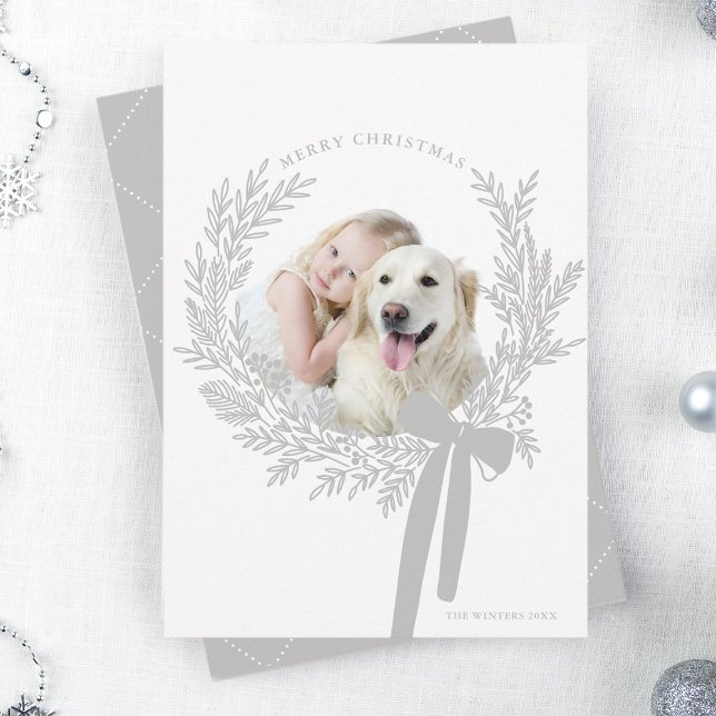 Silver Grey Christmas Wreath Minimal Photo Holiday Card (Creator Uploaded)