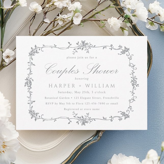 Silver Grey Classic French Floral Couples Shower Invitation (Creator Uploaded)