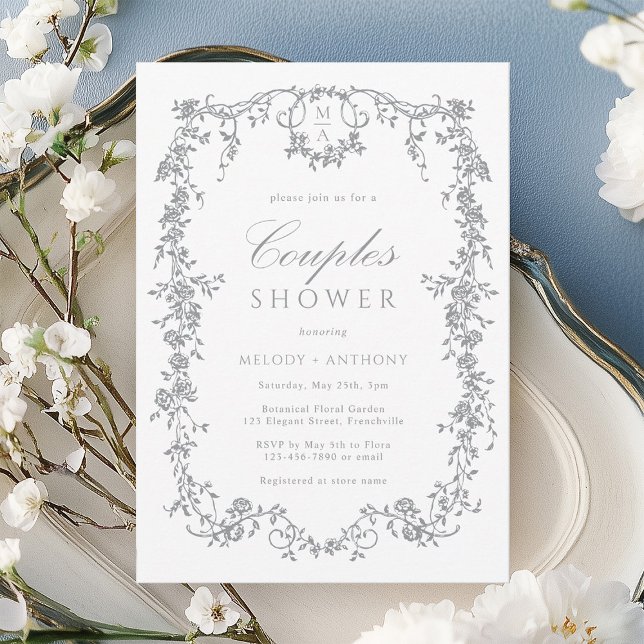 Silver Grey Classic French Floral Couples Shower Invitation (Creator Uploaded)