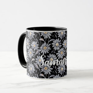 Silver Grey Daisies on Black Customisable Mug