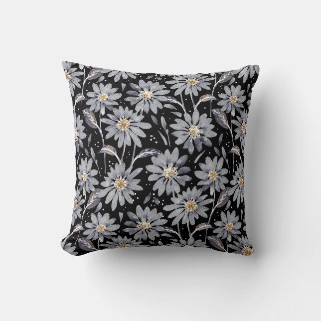 Silver Grey Daisies on Black Reversible Floral Cushion (Front)