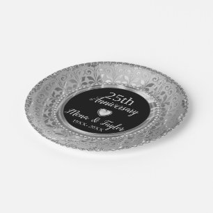 Silver Grey Damask And Heart Paper Plate