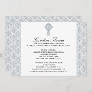 Silver Grey Damask Celtic Cross First Communion Invitation