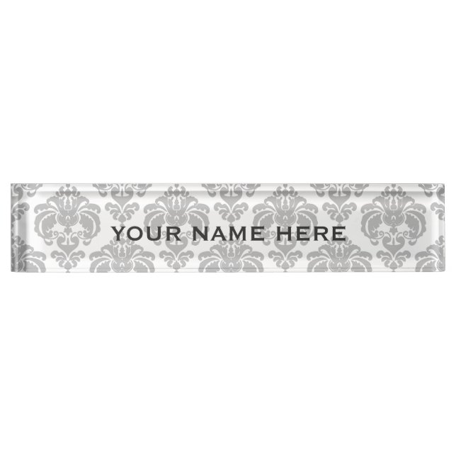 Silver Grey Damask Elegant Glam Personalised Nameplate (Front)