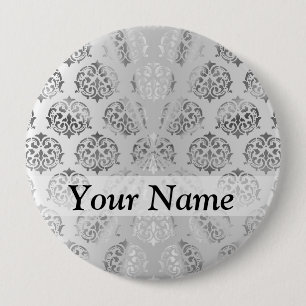 Silver grey damask pattern 10 cm round badge