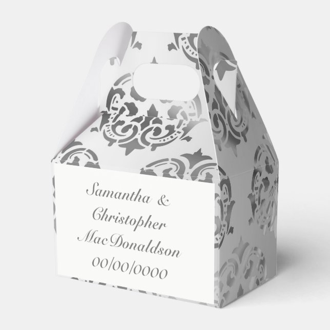 Silver grey damask pattern wedding favour box (Back Side)