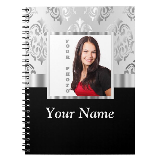 Silver grey damask photo template notebook (Front)