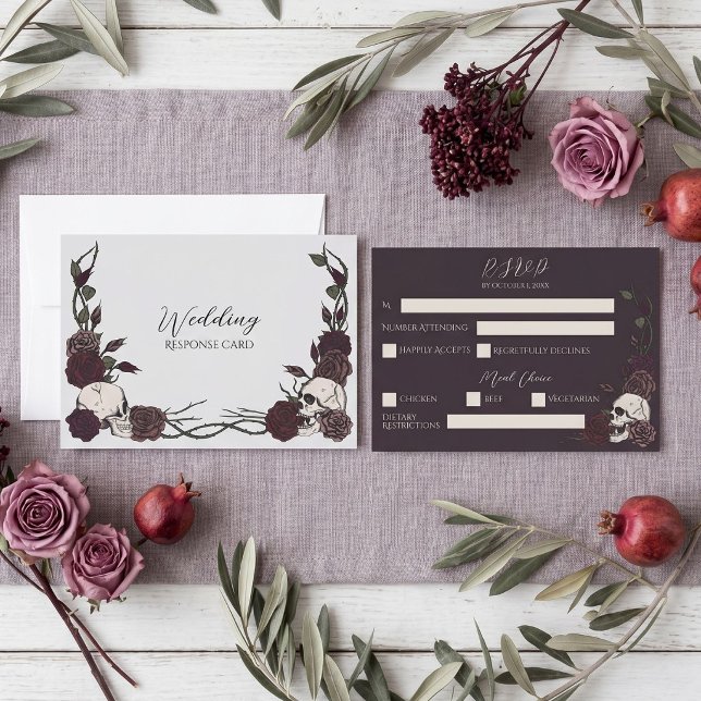 Silver Grey Dark Floral Skull Wedding RSVP Save The Date (Hand-drawn gothic ink skull and rose wedding rsvp response card in silver gray and dark plum)