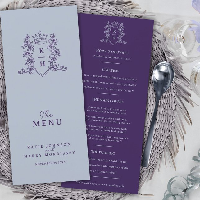 Silver grey dark purple crown monogram wedding menu (Creator Uploaded)