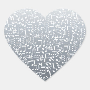 Silver Grey Deep to Light Tones Music Notes Heart Sticker