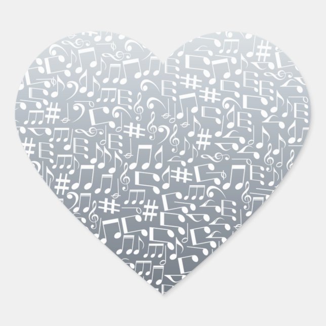 Silver Grey Deep to Light Tones Music Notes Heart Sticker (Front)