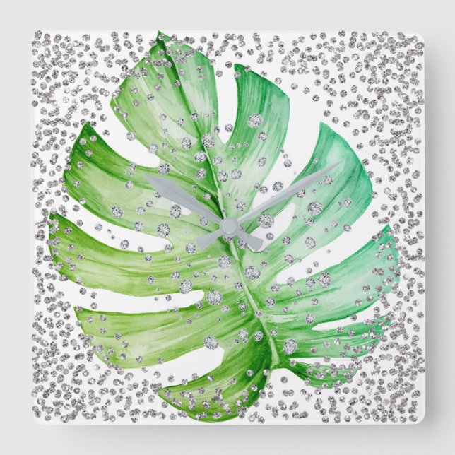 Silver Grey  Diamond Crystals White Monstera Leaf Square Wall Clock (Front)