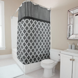 Silver Grey Diamonds and Stripes Pattern Shower Curtain