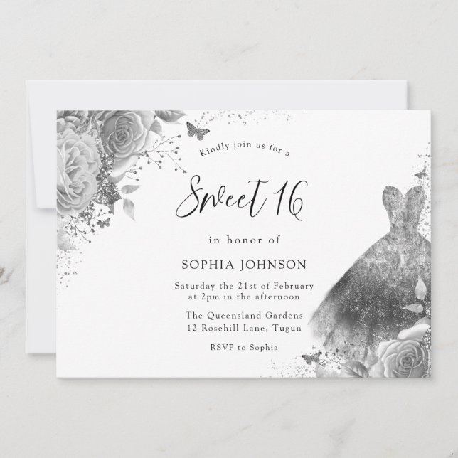 Silver & Grey Dress Floral Sweet 16 Party Invitation (Front)