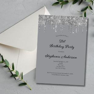 Silver Grey Dripping Glitter Trendy 21st Birthday  Invitation