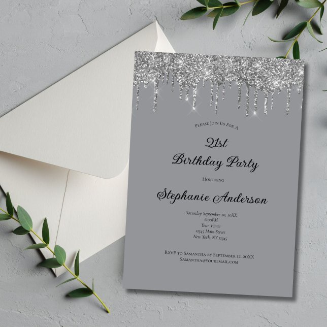 Silver Grey Dripping Glitter Trendy 21st Birthday  Invitation (Silver Dripping glitter 21st Birthday Invitation Elegant and Formal.)