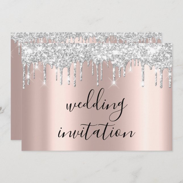 Silver Grey Drips Grey Black Spark Wedding Rose Invitation (Front/Back)