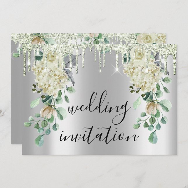 Silver Grey Drips Grey Floral Mint Green Wedding Invitation (Front/Back)