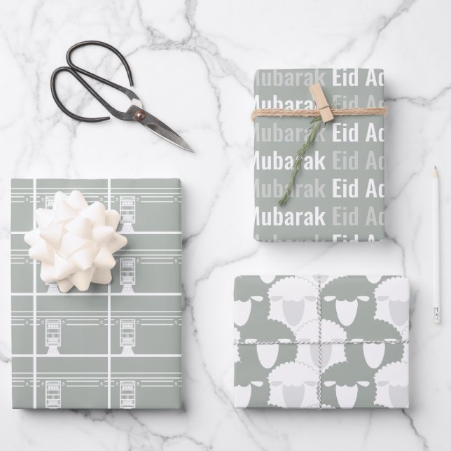 Silver Grey Eid Adha Mubarak Kaaba Sheep Pattern Wrapping Paper Sheet (Front)