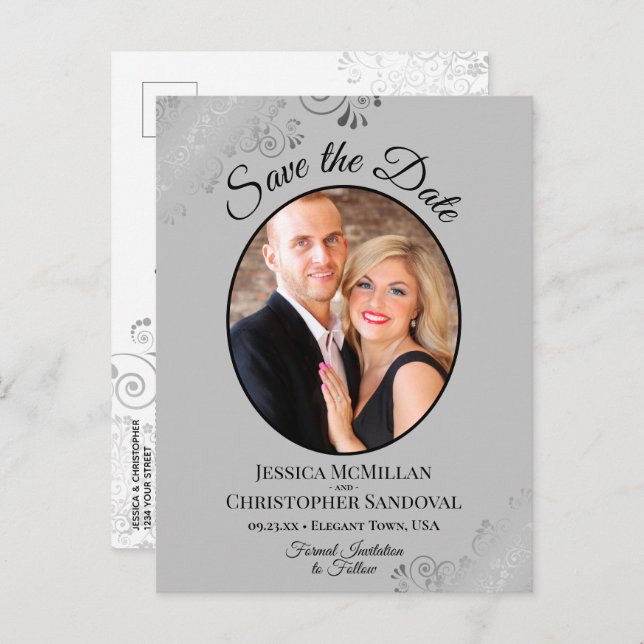 Silver Grey Fancy Wedding Save the Date Oval Photo Announcement Postcard (Front/Back)