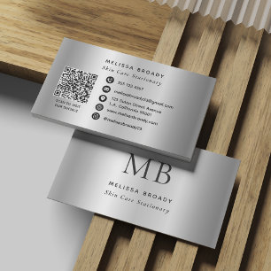 Silver Grey Faux Brushed Metallic Monogram Business Card