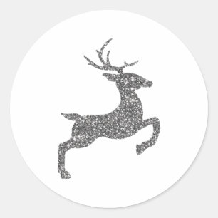 Silver Grey Faux Glitter Look Jumping Deer Shape Classic Round Sticker