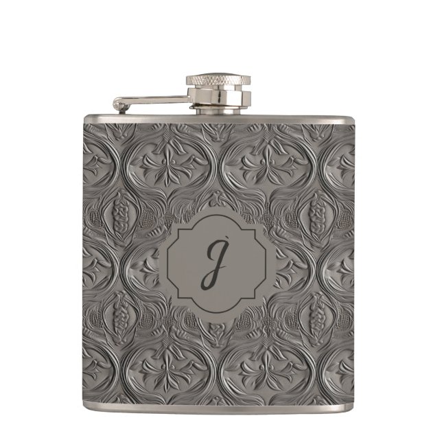 Silver Grey Faux Tooled Leather Vinyl  Hip Flask (Front)