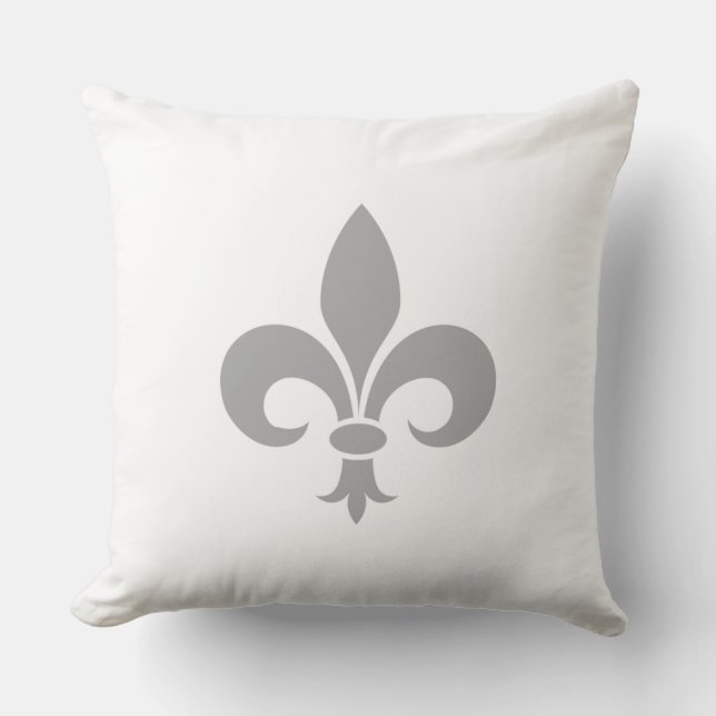 Silver Grey Fleur de Lis on White Cushion (Front)