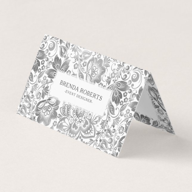 Silver-Grey Floral Damasks Business Card (Front)