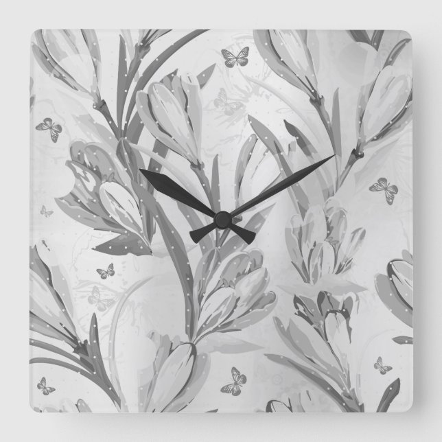 Silver Grey Floral Graden Monochromatic Butterfly Square Wall Clock (Front)