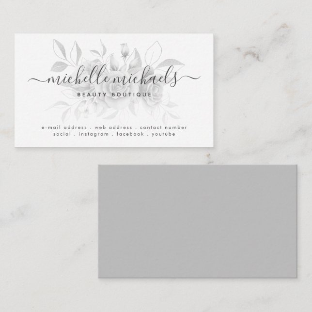 Silver Grey Floral Minimal Script Modern  Business Card (Front/Back)