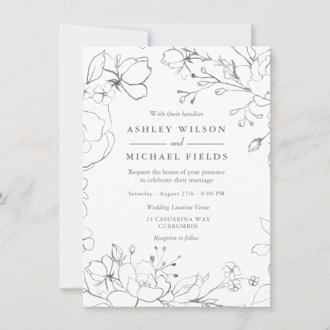 Silver Grey Floral Modern Elegant Wedding Invitation (Front)