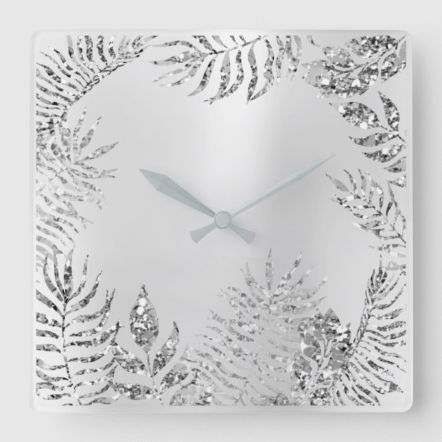 Silver Grey Floral Palm Monochrom Metallic Glitter Square Wall Clock (Front)