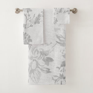 SILVER GREY FLORAL PANEL BATHROOM TOWEL SET