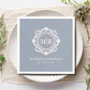 Silver Grey Floral Wedding Couple Monogram Napkin