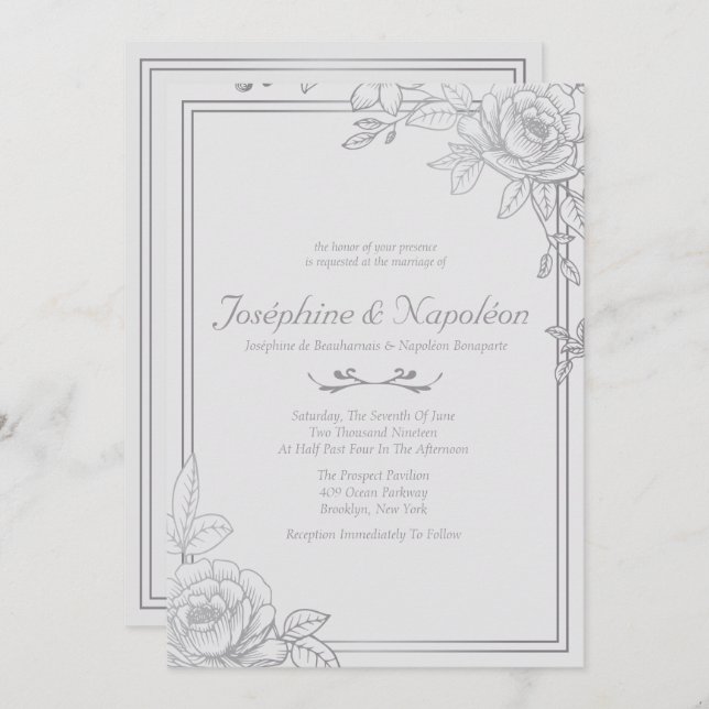 Silver, Grey Floral Wedding Invitations (Front/Back)