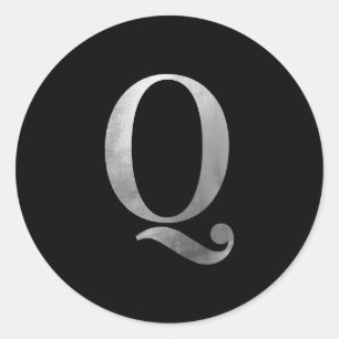 Silver Grey Foil Monogram Q on Black Classic Round Sticker