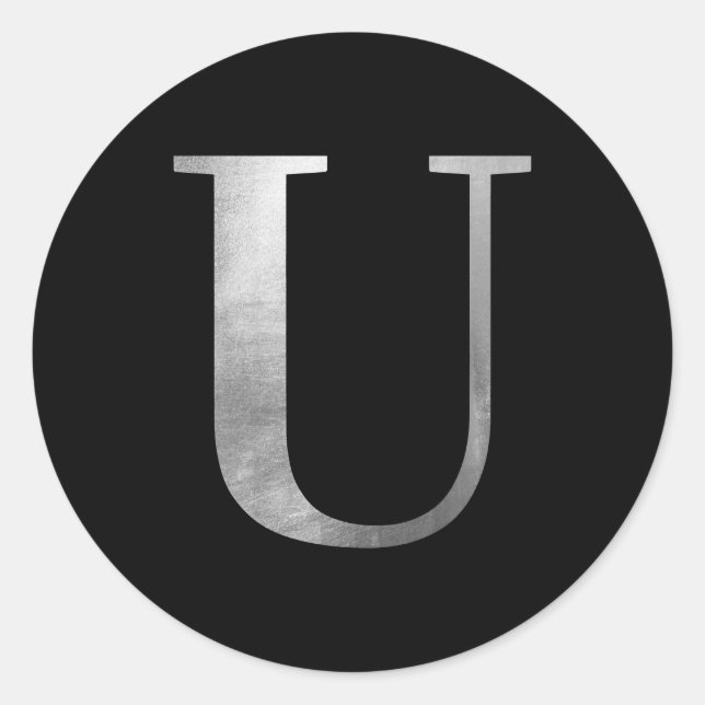 Silver Grey Foil Monogram U on Black Classic Round Sticker (Front)