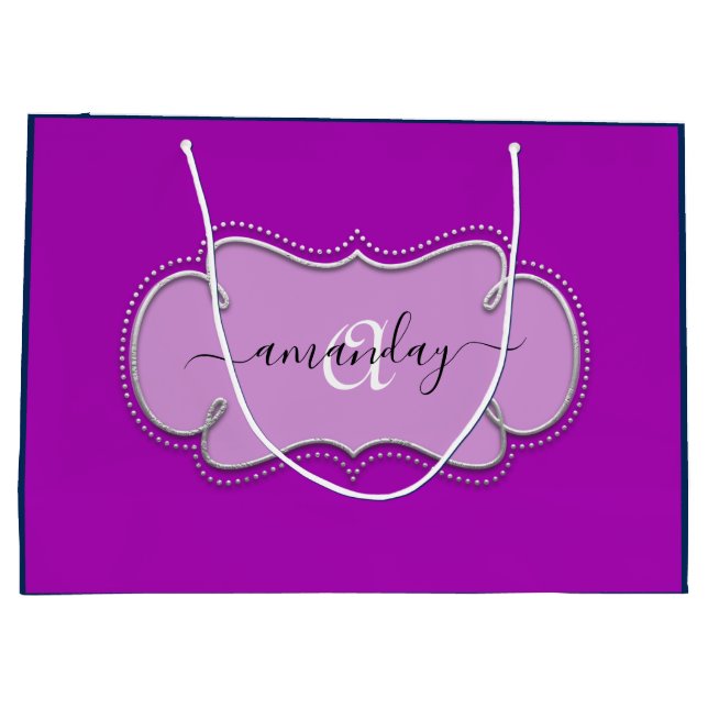 Silver Grey Framed Royal Monogram Name Navy PInk Large Gift Bag (Back)
