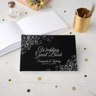 Silver Grey Frilly Filigree Elegant Black Wedding Guest Book