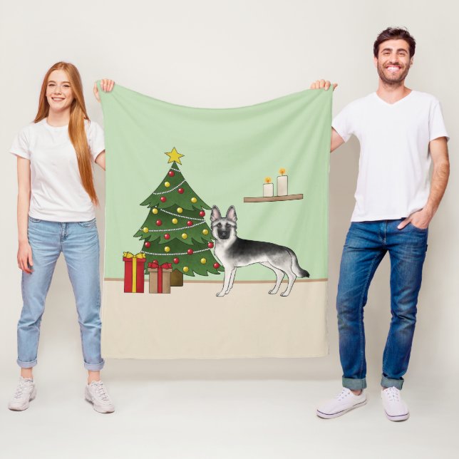 Silver Grey German Shepherd Festive Christmas Tree Fleece Blanket (In Situ)