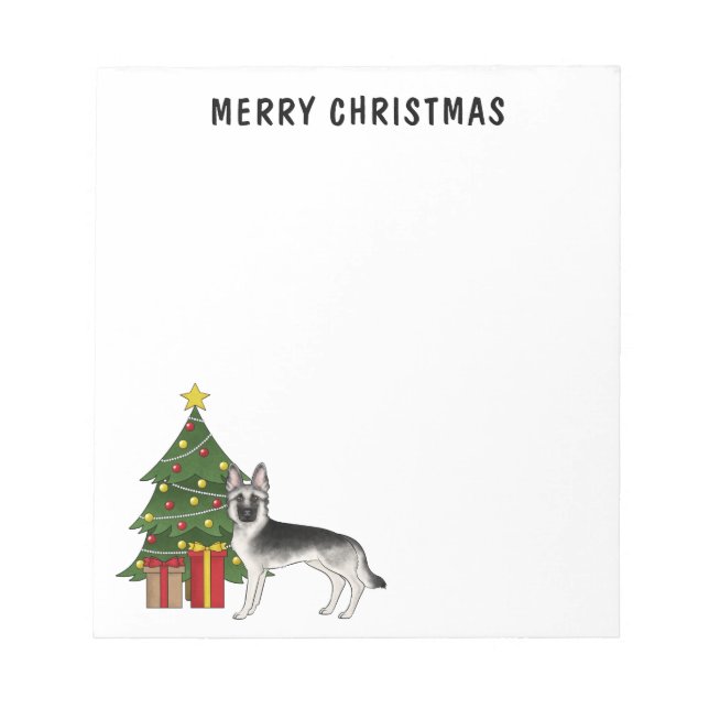 Silver Grey German Shepherd Festive Christmas Tree Notepad (Front)