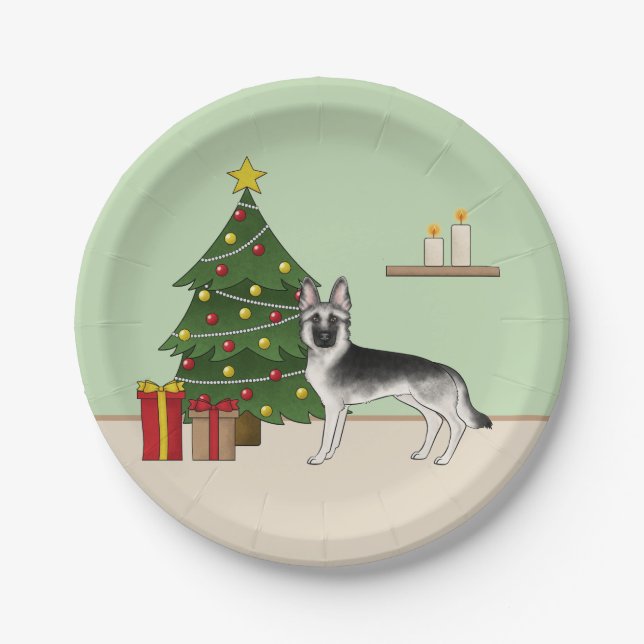 Silver Grey German Shepherd Festive Christmas Tree Paper Plate (Front)