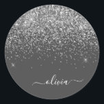 Silver Grey Girly Glitter Sparkle Monogram Name Classic Round Sticker<br><div class="desc">Silver and grey Sparkle Glitter Brushed Metal Monogram Name and Initial Paper Party Sticker Address Labels. This makes the perfect sweet 16 birthday,  wedding,  bridal shower,  anniversary,  baby shower or bachelorette party gift for someone that loves glam luxury and chic styles.</div>